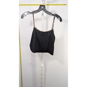 Romwe Womens Black Crop Cami Top Leopard Print Trim Spaghetti Strap Size L